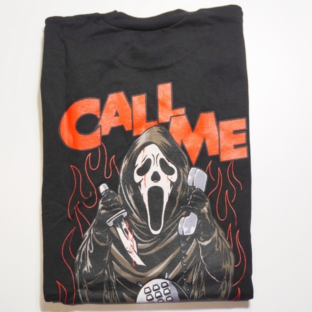 Black Graphic Tee with Red 'Call Me when you change’ design featuring ghostface